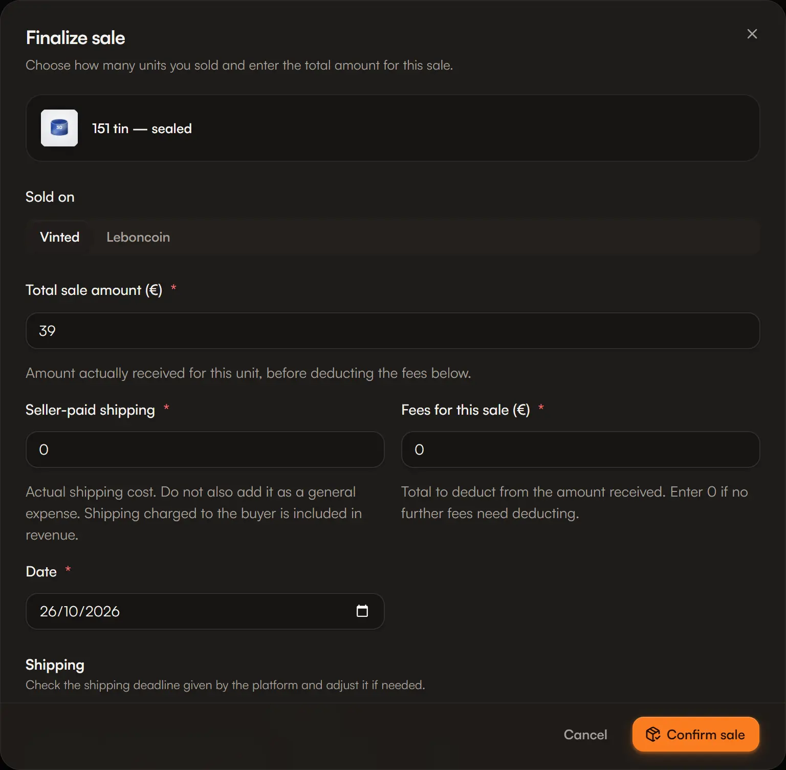 Finalizing a sale with its profit