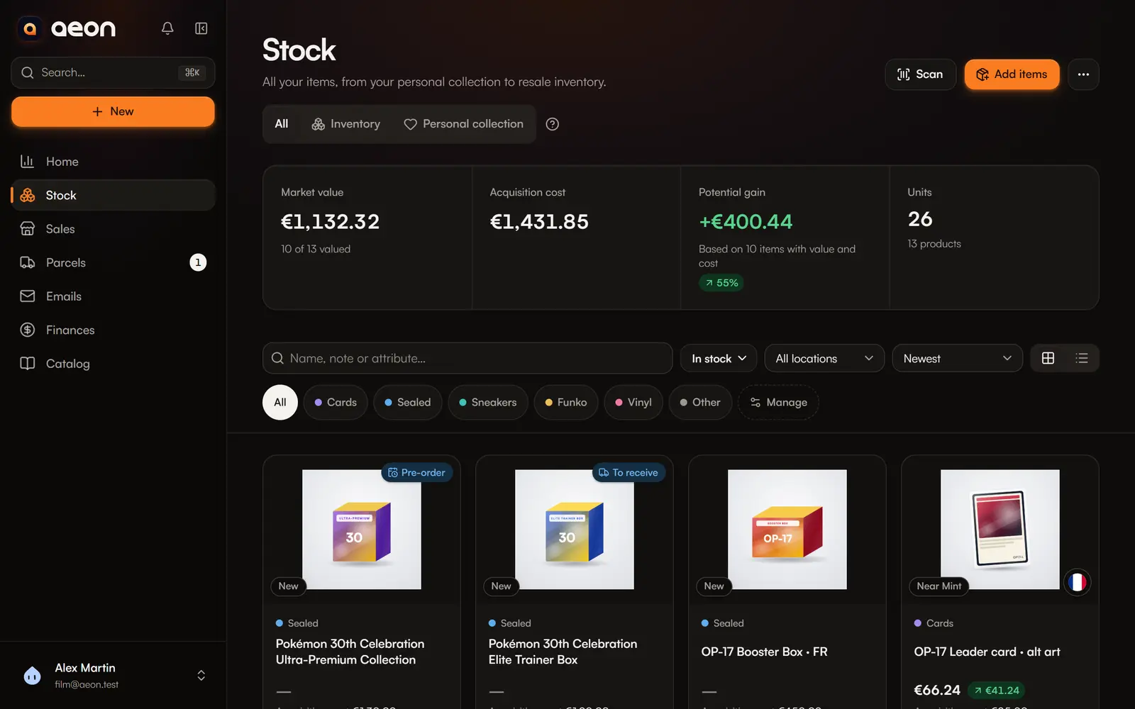 The Stock page as a grid